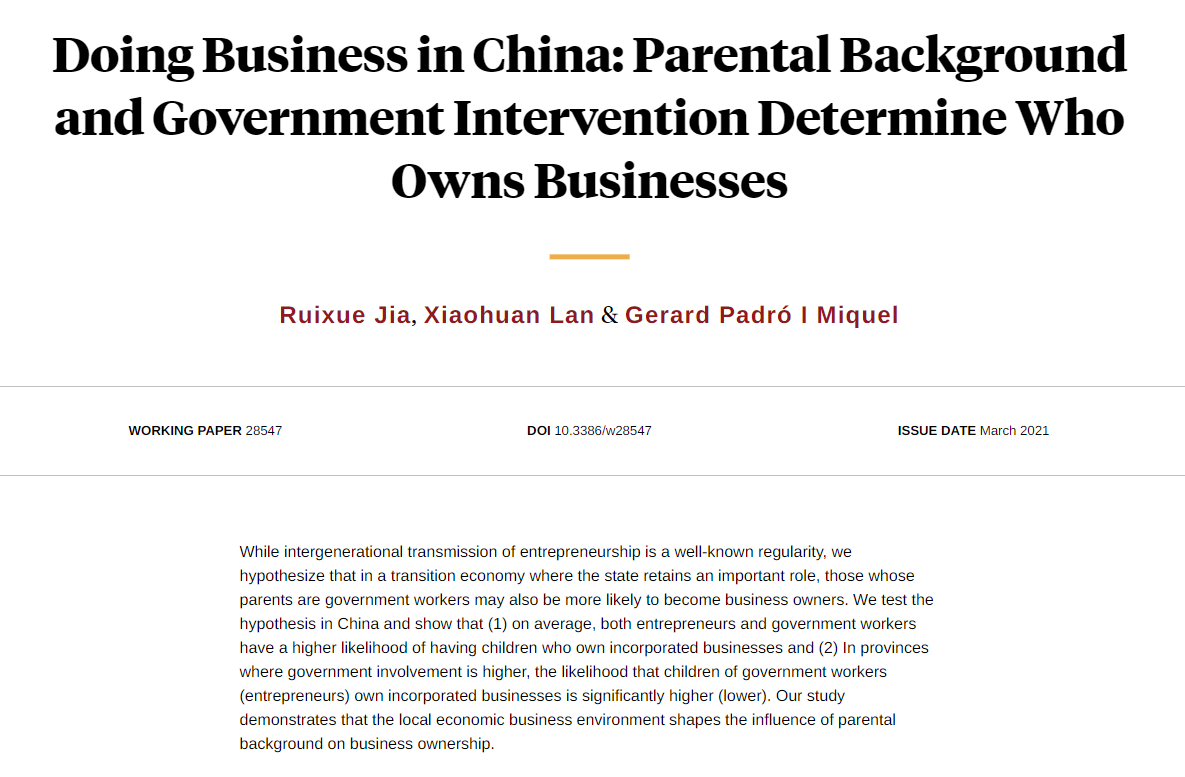 nberpubs's tweet photo. Children of Chinese government workers are more likely to own incorporated businesses, and this likelihood is increasing with the involvement of province government in the economy, from Ruixue Jia, Xiaohuan Lan, and Gerard Padró I Miquel https://t.co/L0amefNjXt https://t.co/tBzeNw72U5