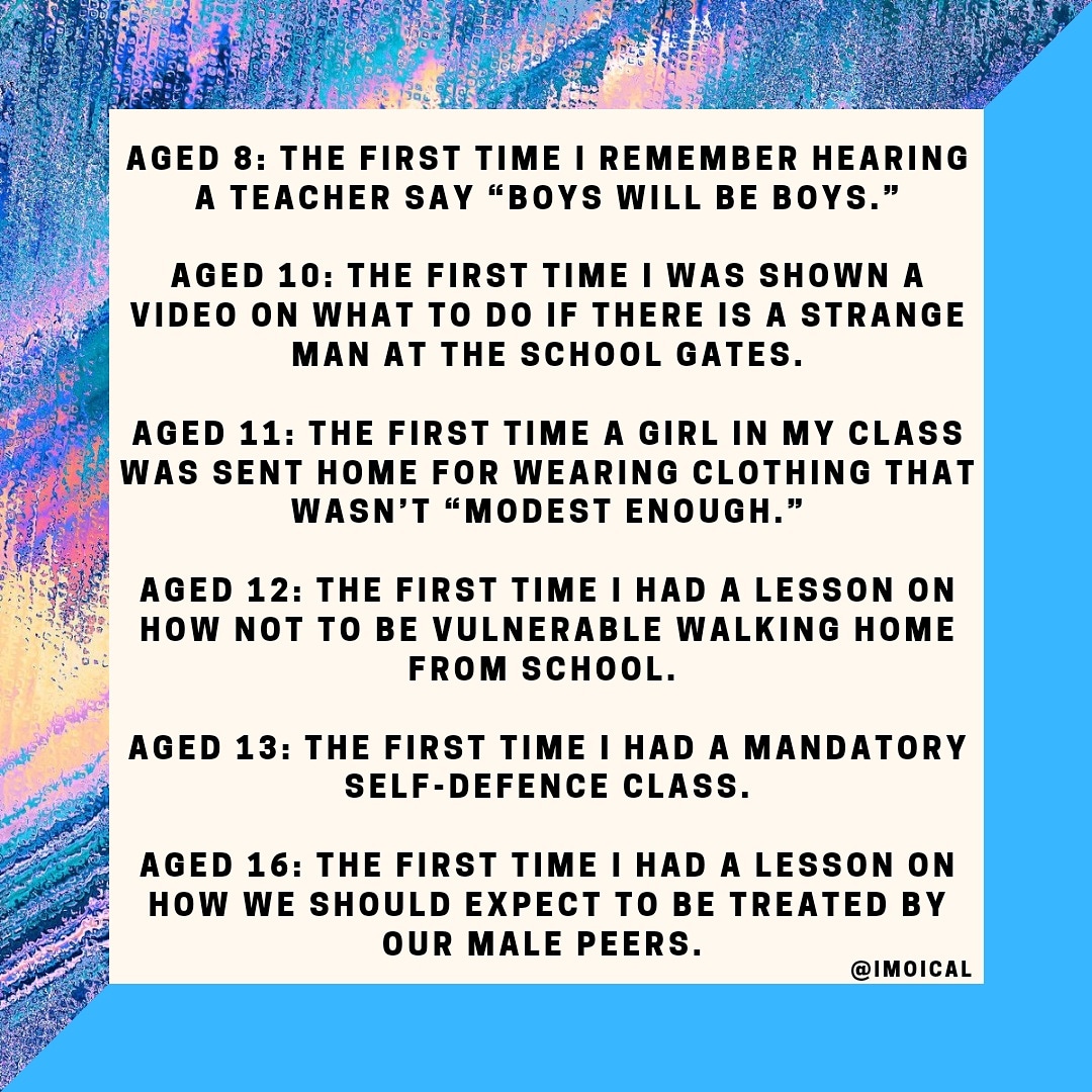 duffy_imo's tweet photo. Could you imagine what the world would look like if the same number of hours of the school day that were spent teaching us that our safety is just a matter of luck was spent educating boys too?

 #educateyoursons #reclaimthesestreets #womendeservebetter 

https://t.co/wCdRKN2lKX https://t.co/Ww9ZR5cSkT