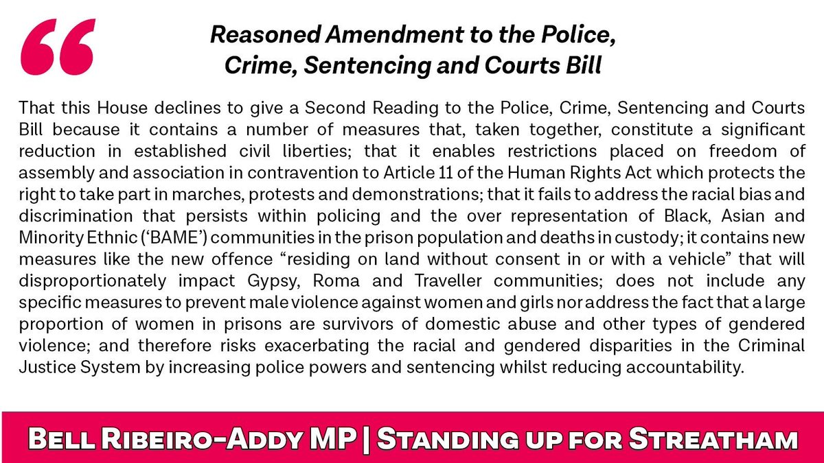 The Government's #PolicingBill is the latest in a long line of attacks on our civil liberties.

I've tabled a reasoned amendment to throw it out.

We must resist attacks on the right to protest.

We must resist this creeping authoritarianism #PoliceCrackdownBill