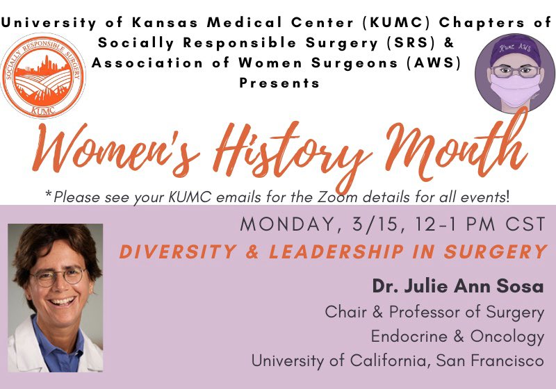 Today’s presentation by Dr. @Jasosamd for our Women’s History Week with @KUMC_AWS was nothing short of amazing!! Thank you for sharing strategies for effective & necessary leadership! #diversitywins #womenshistorymonth #srs #aws #kumc #surgery #equity