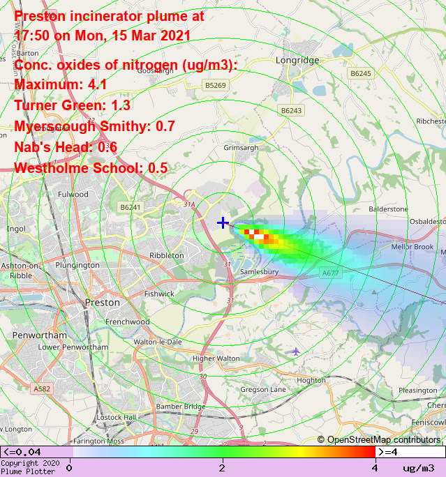 plumeplotter's tweet photo. Latest Preston incinerator plume plot, 17:50 15/03/21 #TurnerGreen #MyerscoughSmithy #NabsHead https://t.co/vYUTMnLQDm https://t.co/3j9FkcBlOX