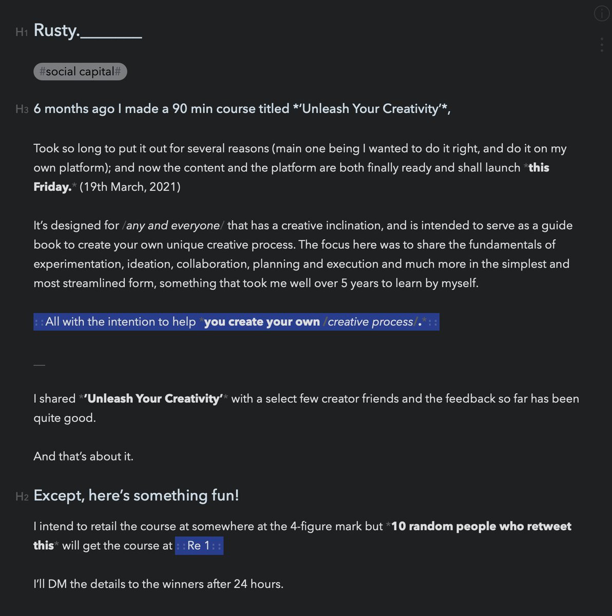 VedantRusty's tweet photo. *ANNOUNCEMENT* 🗣

Launching something this Friday, something that I've been working on for a while; designed to help you learn from my experience. 

Designed for any and everyone with a creative inclination. 

Read the full thing, and retweet. There's a giveaway. https://t.co/O5kCajgjsF