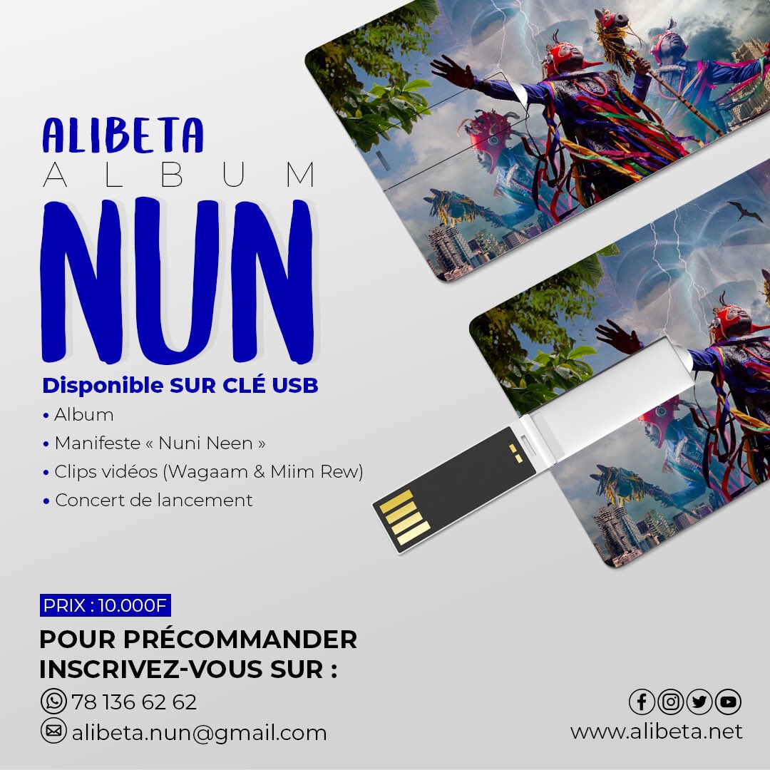 Salaaaam la Communauté ! 

L'album NUN sera bientôt disponible sur Clé USB.
Précommandez dès maintenant via whatsapp sur (+221) 78 136 62 62 ou écrivez-nous un email à l'adresse alibeta.nun@gmail.com

Le voyage continue...

#alibeta #nun #nuninenn #laboratoiredesimaginaires