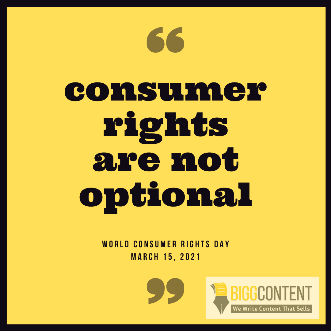 bigg_content's tweet photo. 15 Mar 2021 highlights the power of consumer rights and needs. It marks as a day to demand a safe, fair and sustainable marketplace for every buyer.
#consumerprotection #ConsumerRights #WorldConsumerRightsDay #BiggContent https://t.co/aiqQjVpnNe
