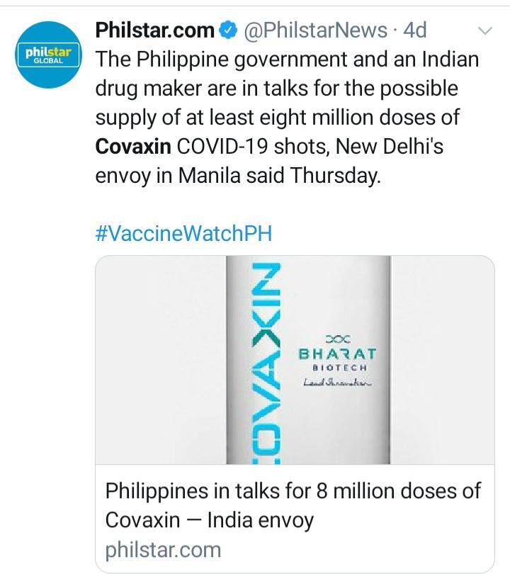 DheerajGbc's tweet photo. Big embracement for China.

Philippines will be the 2nd country to procure 8 million doses of Bharat Biotech's Covaxin after Iran.
#VaccineMaitri https://t.co/E2z9y6SeDW
