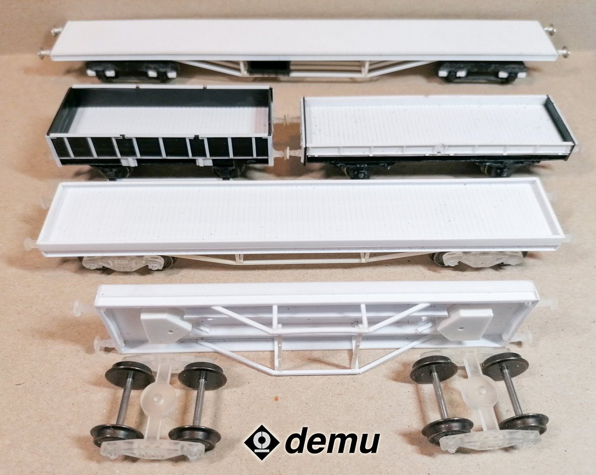 Alan Monk’s WIP H0 wagons, front to back; Bobol E, Bobol C, Grampus, Plate, Salmon. Bobols and Salmon scratchbuilt Evergreen section, strip &amp; sheet, Grampus and Plate scratch bodies on modified Jouef/Playcraft rtr chassis. What’s been on your workbench this weekend? #tmrguk