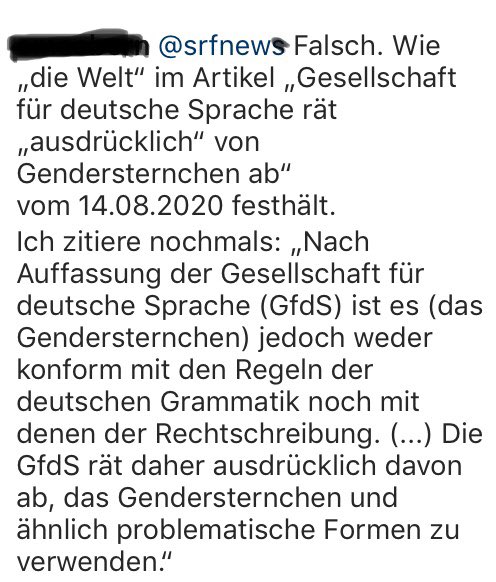 MBattiger's tweet photo. Ein Freund von mir kritisiert #SRF auf Instagram bezüglich Gebrauch des #Gendersternchens. Seine anständige Kritik wird ausnahmslos gelöscht. Gleichzeitig lügt SRF und löscht jeden Beitrag, der mit Quelle und Zitat diese Lüge entlarvt. So manipulativ ist @SRF @srfnews https://t.co/1l0fiuAMH1