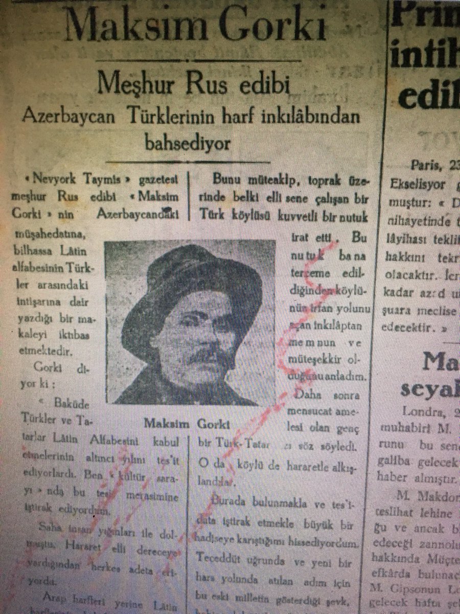 HaticeSirin's tweet photo. M. Gorki, Azerbaycan'da Latin alfabesinin kabulü kutlamalarına katılmış; bu konuda makale yazmış; makalesi New York Times'ta iktibas edilmiş. 

(24.06.1929 tarihli Vakit Gazetesi'nden) https://t.co/d9axUOUtpI