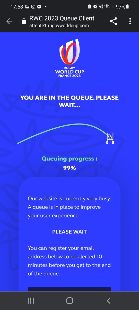 butchersbecray's tweet photo. @rugbyworldcup why does this keep happening? I don't mind queuing but to get to the front and then just stop with no update is very frustrating. Waited for more than 20 mins looking at -- for my progress. https://t.co/TclLqKVMVG