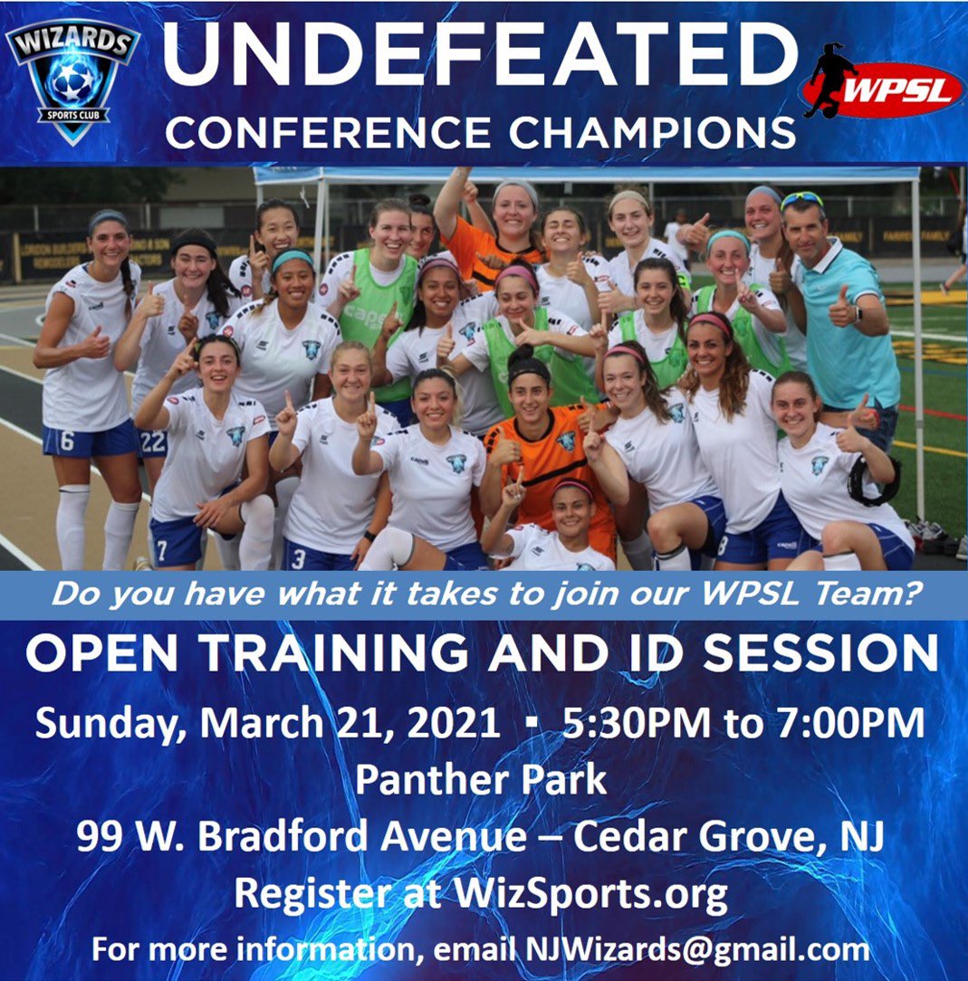 NJWizardsSC's tweet photo. Do you have what it takes to join our WPSL team? Open ID Session is this Sunday, 3/21 at 5:30pm. Register at https://t.co/D16CsR7XBD. Questions? Email us at NJWizards@gmail.com. #BePartOfTheMagic #WPSL #WomensSoccer @WPSL https://t.co/e4ve7ApiJB