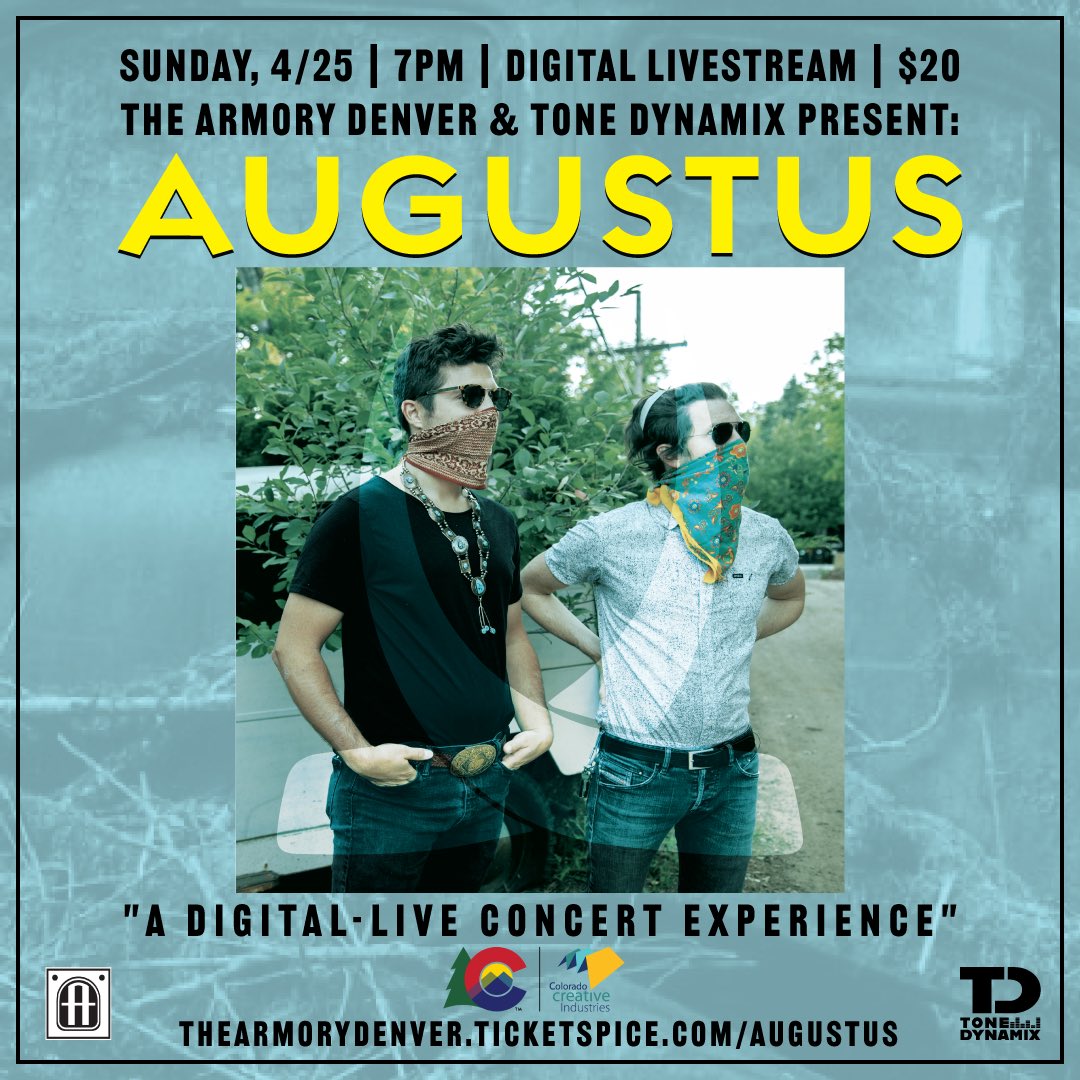 JUST ANNOUNCED! <a href="/ArmoryDenver/">The Armory Denver</a> &amp; <a href="/ToneDynamix/">Tone Dynamix</a> present <a href="/AugustusBand/">Augustus</a> APRIL 25th. Tix on sale now thearmorydenver.ticketspice.com/augustus