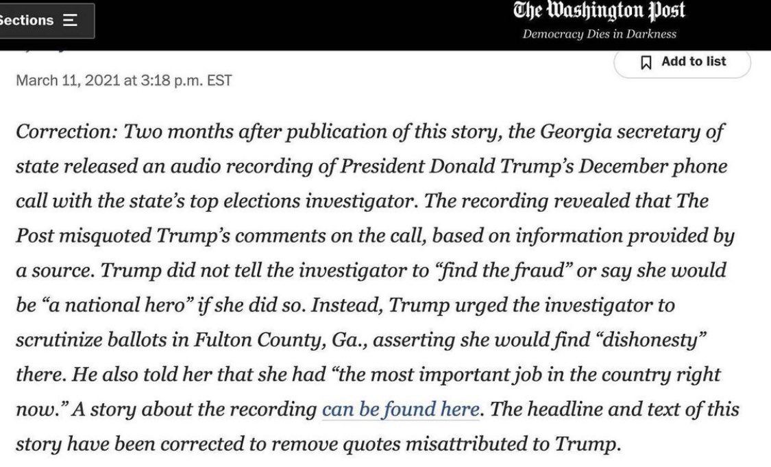 BREAKING: The Washington Post just RETRACTED their story on Trump’s phone call with Georgia’s Secretary of State. WaPo admits that they LIED about the whole thing. Left wing media is owned by the Democrat lie machine. Retweet if you’re not even remotely surprised.