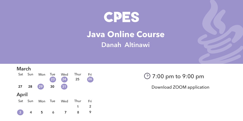 Course #3: 
Java Course 🖥

Presented By: 
<a href="/danaaltinawi/">دانه 🍃🌧</a>

Price 💰: 35 KD
Price for CpES members 💰: 30 KD

Registration Link:
cpeskw.com/Courses/java-r…

#CpESCourses 
#CpES_OnlineCourses