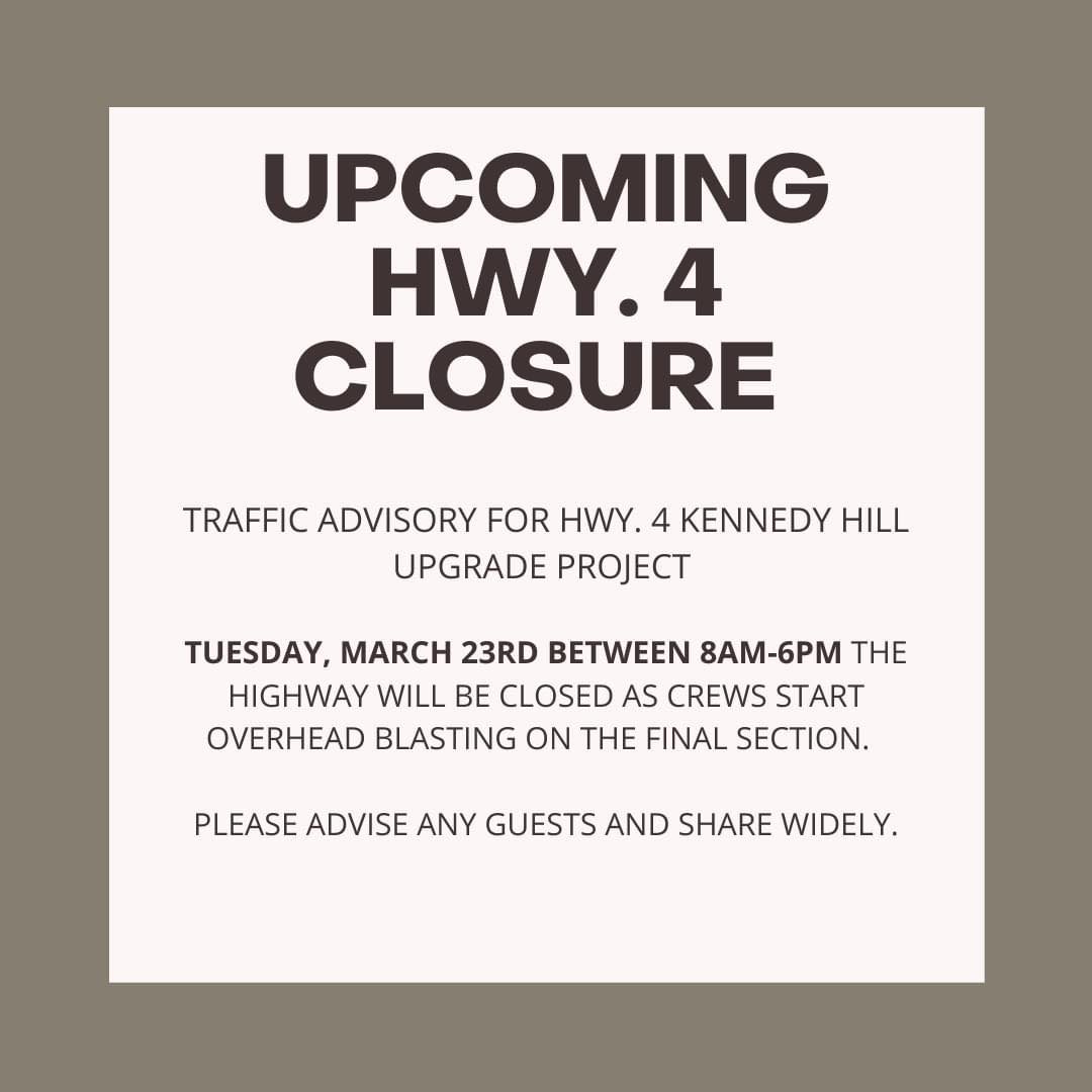 ugmac's tweet image. Hi @DriveBC, we have received this message from the Tofino hotel regarding the hwy4 closure on March 23th - the day of ours departure. What is the alternative route option? Thanks