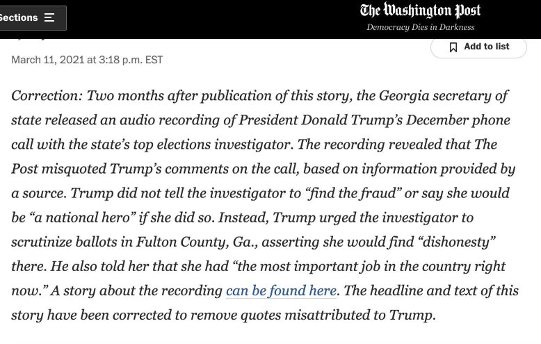 DavidShafer's tweet image. You may have missed this correction from The @WashingtonPost in which the paper retracted its false reporting that President Trump told @GaSecofState investigators to “find the fraud.”