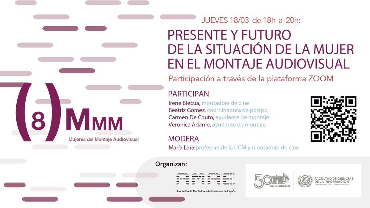 AMAE_pro's tweet photo. Un año después hemos conseguido recuperar un trocito de los que se nos robó. Este 18 de marzo recuperamos la charla “Presente y futuro de la situación de la mujer en el montaje audiovisual” moderada por María Lara con Irene Blecua, Carmen de Couto, Verónica Adame y Beatriz Gómez. https://t.co/vmw64t9KQa