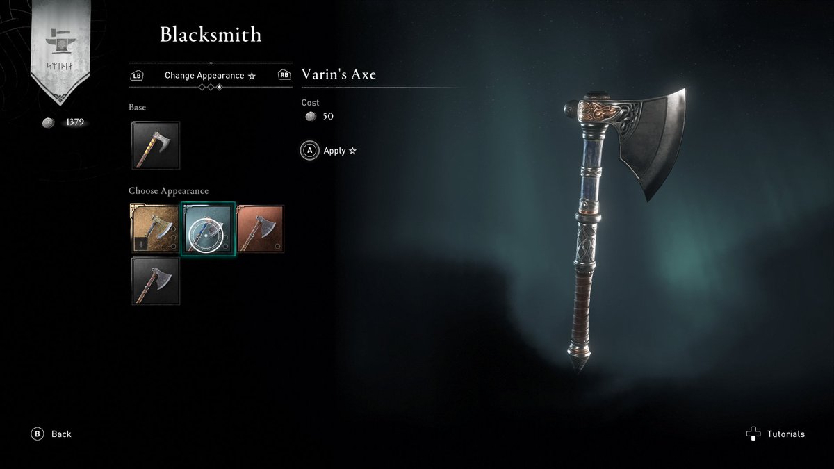 Assassin's Creed Valhalla's UI on top of a dark green almost black background with a light brush of light green northern lights on the right-hand side. On the top left hangs a small white banner with a hammer over an anvil. Below the banner is the amount of silver that has been accumulated. To the right is the text 'Blacksmith' and below this the text 'Change Appearance'. Underneath the text is an image icon of a base weapon and the text 'Choose Appearance' with four icons, each showing a different visual appearance you can change it to. To the right, it displays the chosen weapon, 'Varin's Axe' with the cost of silver to change it and the 'Apply' button below. A large image of Varin's Axe is on the right side of the screen to allow you to see the different visuals you can apply.