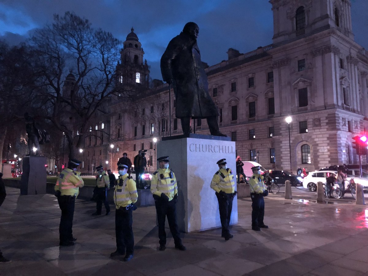 PaulBrandITV's tweet image. Police guarding the Churchill statue again this evening.