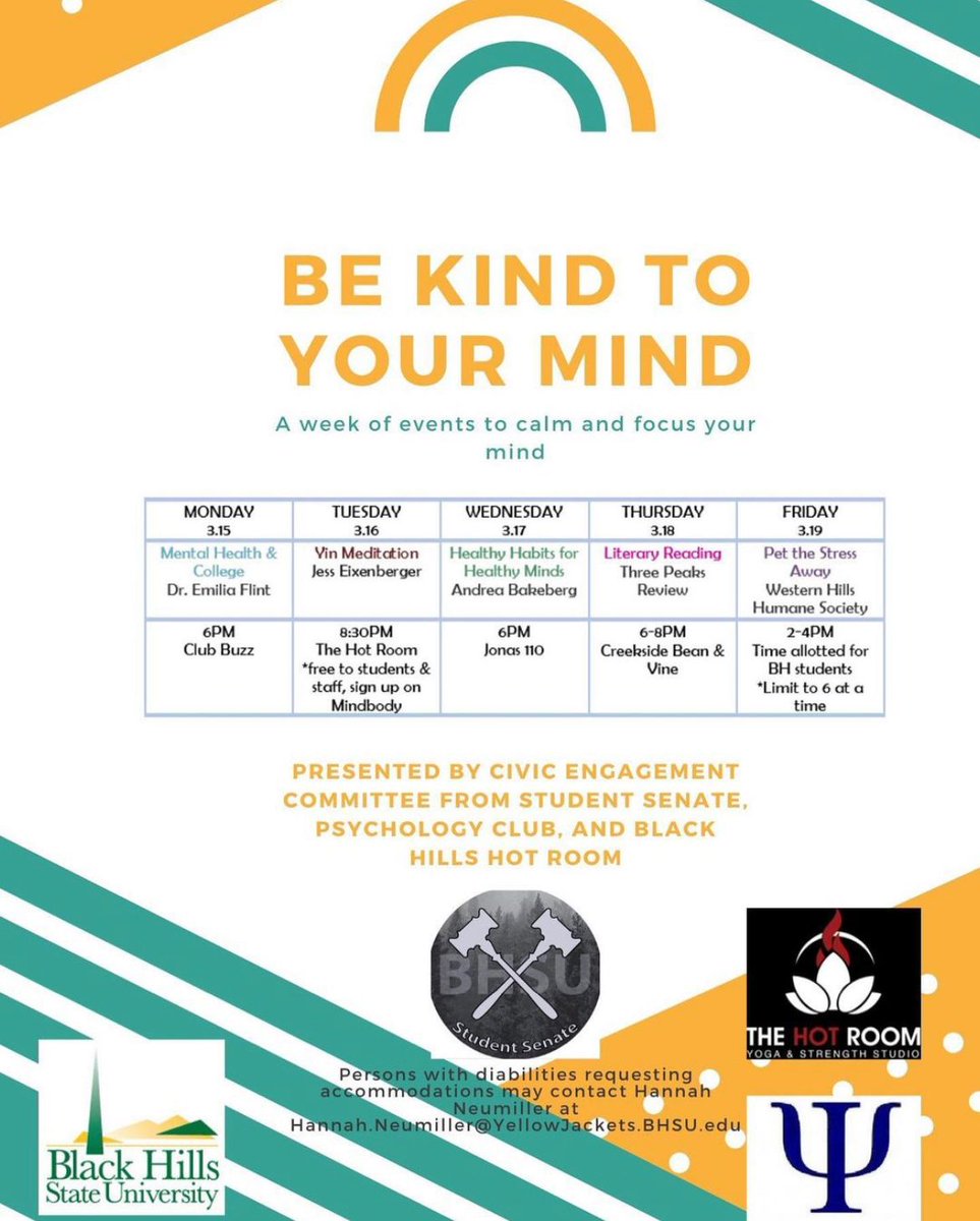 Be kind to your mind!! Check out these events happening throughout the week to help calm and focus your mind!