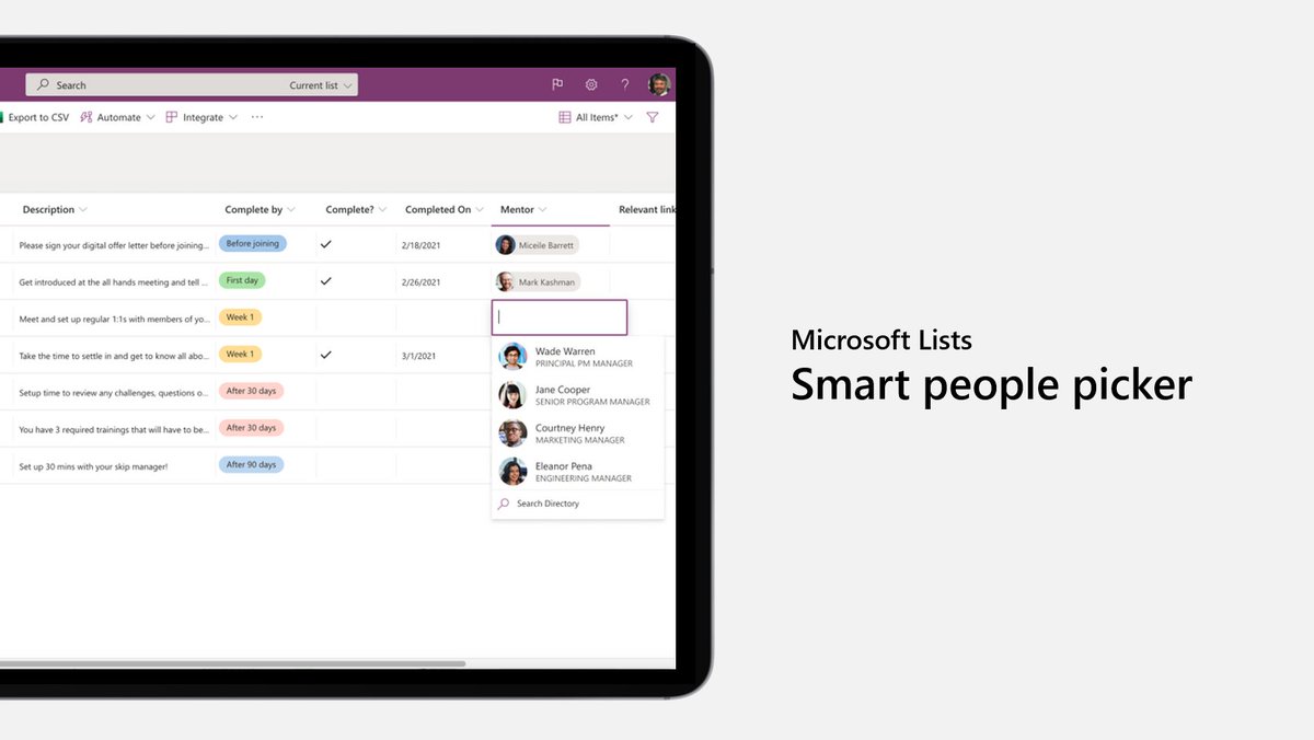 SharePoint's tweet photo. Type in a name for a person column in #MicrosoftLists, the results as you type will be based more on who you work with, coming from #MicrosoftGraph. https://t.co/VBRR2jqHi9 https://t.co/kEyGhQBXOy