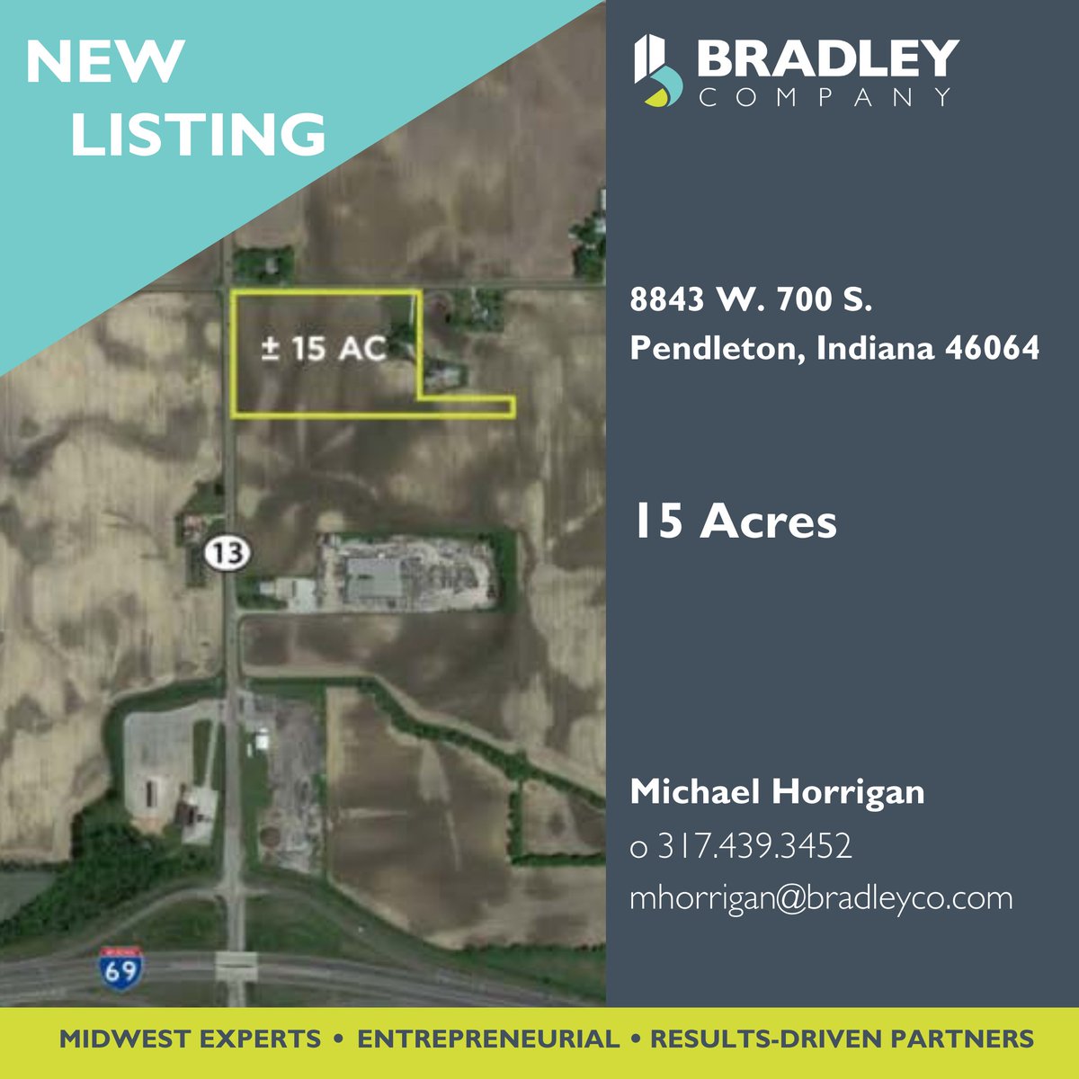 NEW LISTING! ± 15 Acres of prime development ground, zoned Industrial, is for sale in Pendleton, IN. Contact Michael Horrigan for more information, or view details on our website: bradleyco.com/investment-pro…

#BCO #RCRE #CRE #Development