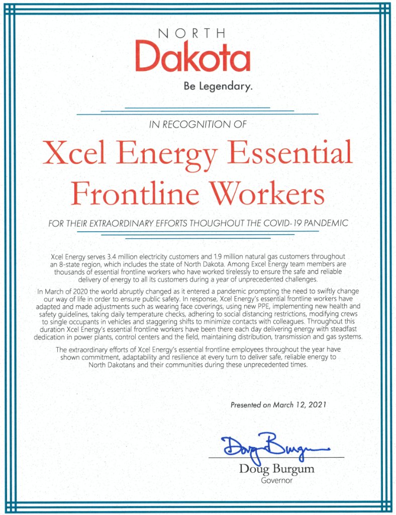 This week we're celebrating 6,000+ <a href="/xcelenergy/">Xcel Energy</a> essential workers! We're always proud of our teams’ dedication, but never more than we have been this year. Thanks to Gov. <a href="/DougBurgum/">Doug Burgum</a>, Mayors Bochenski and Mahoney for their recognition of our Essential Workers Appreciation Week.