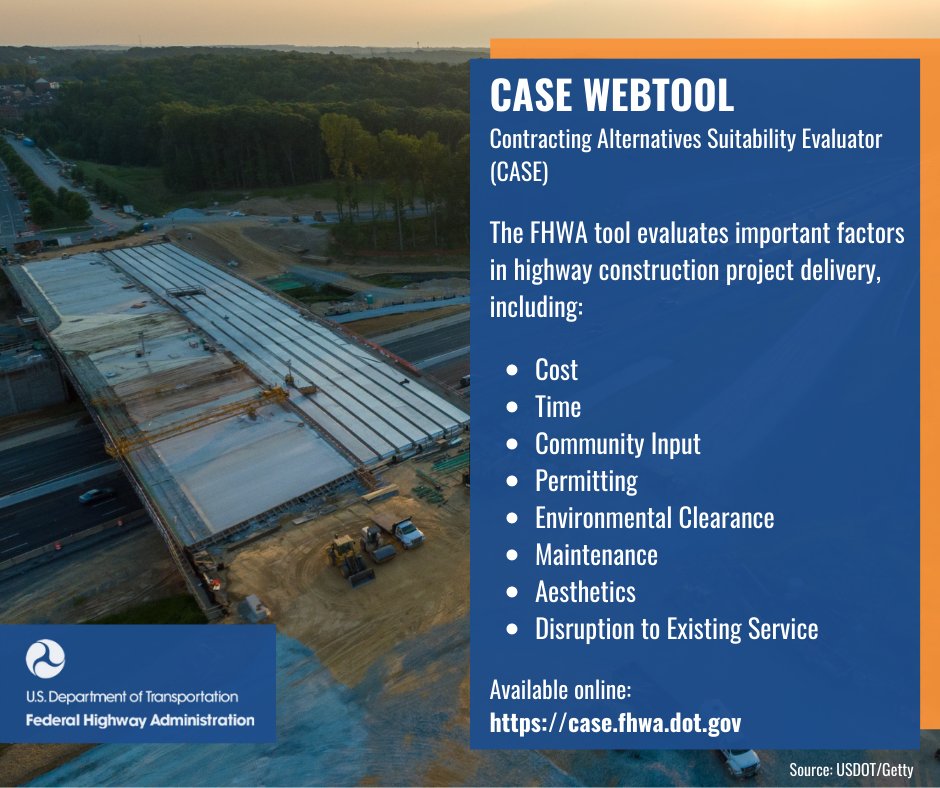 FHWA's online CASE webtool supports public agencies and other transportation organizations in selecting short- and long-term contracting methods. Learn more and use the CASE Webtool today for your next highway construction project at case.fhwa.dot.gov.