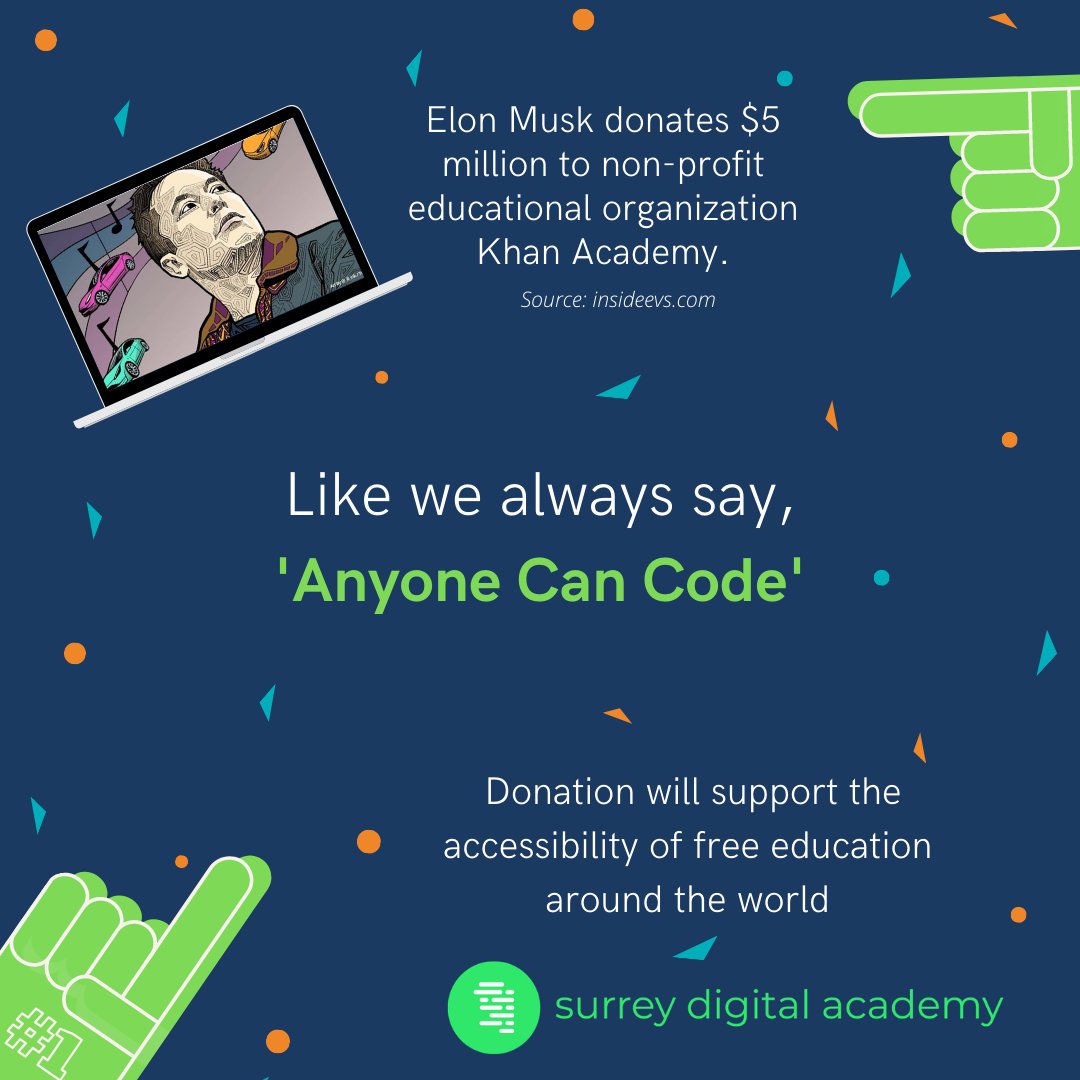 Any1CanCode's tweet photo. A great contribution to the education community by Elon Musk! 

His donation will help non-profit organization, Kahn Academy continue to develop their free educational programs for all ages! https://t.co/8ZlWNqiOtZ
