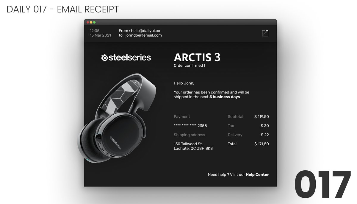 JustWilliamBM's tweet photo. Hi guys! Day 17
I did a email receipt for the purchase of the arctis 3
i bought these great headphones 2 years ago and they still look good :D
Check my Dribbble :
https://t.co/MVC7esRexY
#DailyUI #ui #Daily017 #100dayschallenge #steelseries https://t.co/1PAxytmlgq