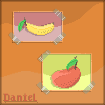 BitsDannie's tweet photo. 'Tropical fruit salad' Promotional Posters, part one. 
also trying to do non Isometric pixelart :P

#banana #pixel_dailies #pixelart 
@Pixel_Dailies https://t.co/9dm8Ore6s5