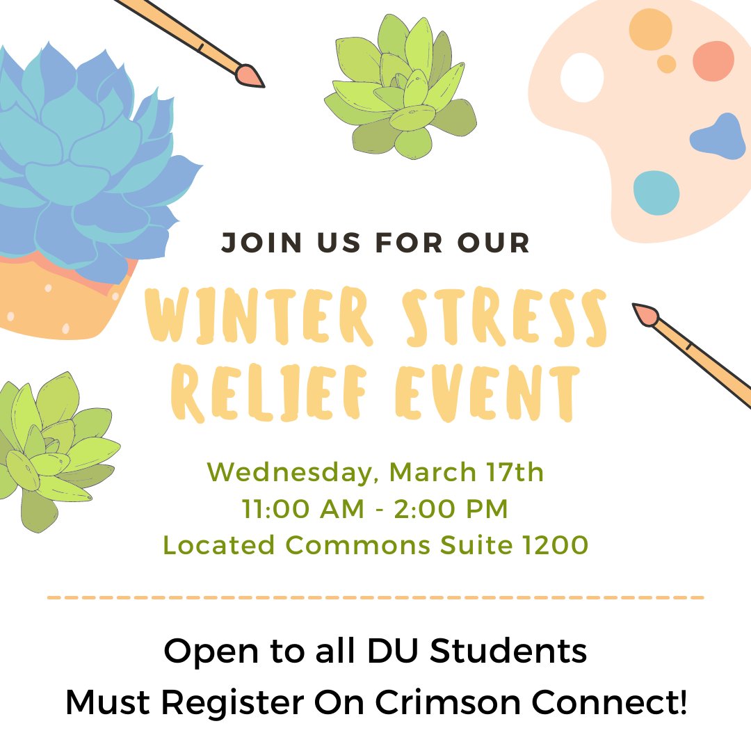 UPDATE: Our Winter Stress Relief Event for March 17th has been moved to the Community Commons due to the weather conditions. 

If you haven't yet, please register on Crimson Connect to participate! We will have a variety of fun activities available, so don't miss out!