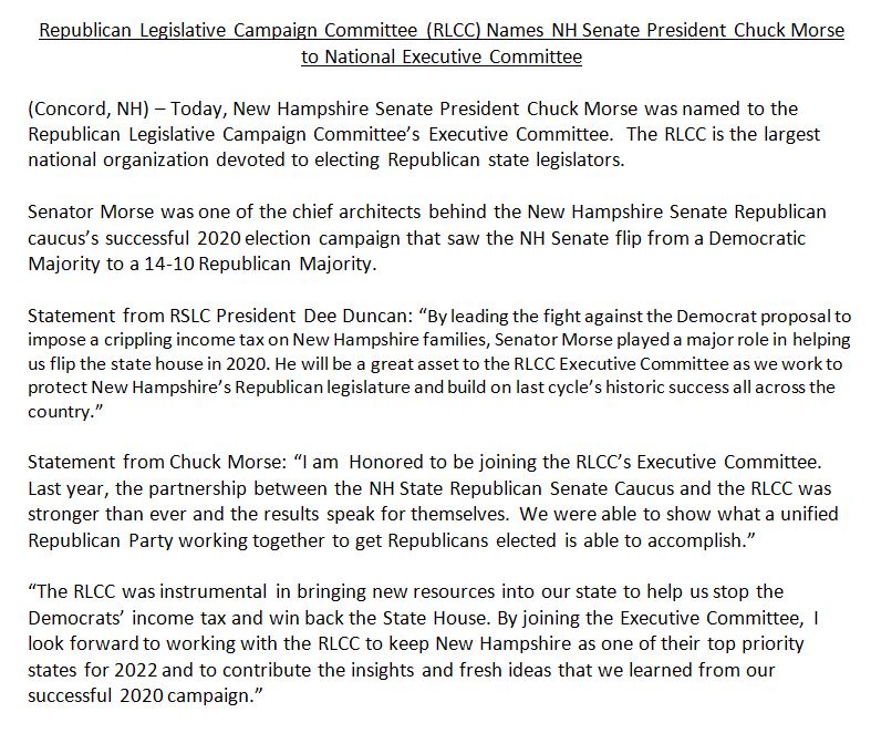 jdistaso's tweet image. Just in: @WMUR9 learns @TheNHSenate President Chuck @Morse4Senate has been named to the national executive committee of @GOPLegislators (RLCC) a nationwide political org devoted to electing GOP state lawmakers. Announcement, comments here #nhpolitics #WMUR