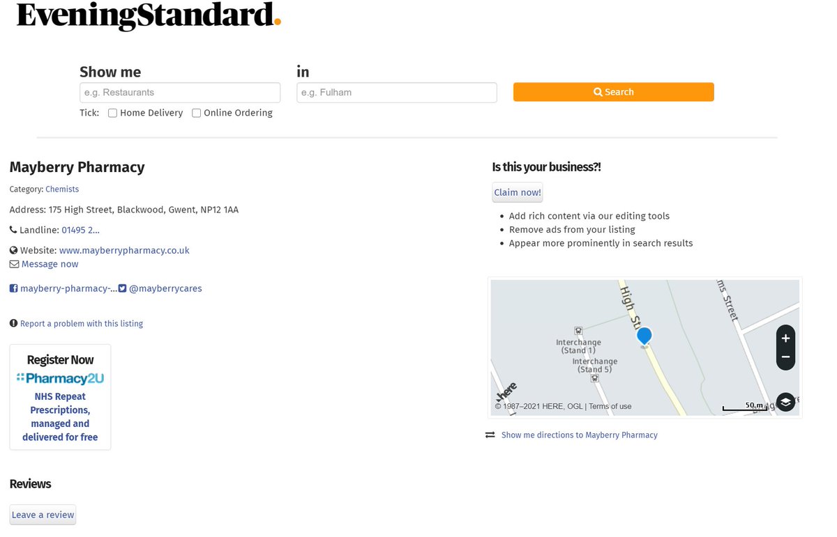 NWiltshire2's tweet photo. Are all independent #pharmacy contractors aware that @Pharmacy2U have taken out ad space in the @EveningStandard directory? This is in the form of a link to their website underneath the details of each independent pharmacy listing....@ChemistDruggist https://t.co/l9JaSTD0aC