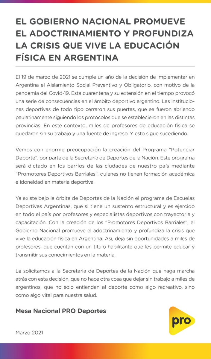 pablo1fuentes's tweet photo. Veo con preocupación que el gobierno nacional promueva el adoctrinamiento y profundice la crisis que vive la educación física en Argentina. Compartimos con ustedes un mensaje de la Mesa Nacional PRO Deportes. https://t.co/sC2QlmHLxK