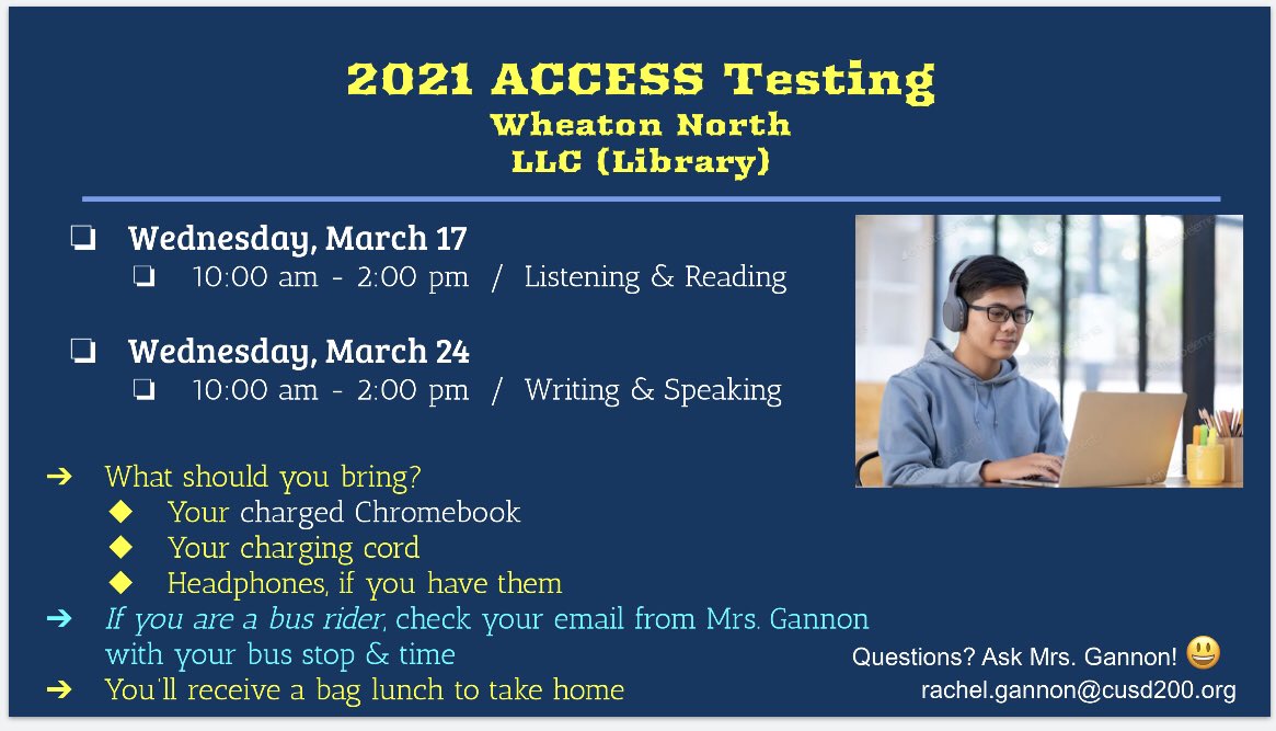 WheatonNorthESL's tweet photo. Hey Falcons! ACCESS Testing is coming up - Wednesday, 3/17 and 3/24. Check out the info below, and see you soon! 💻 https://t.co/qtvj3I8Twh