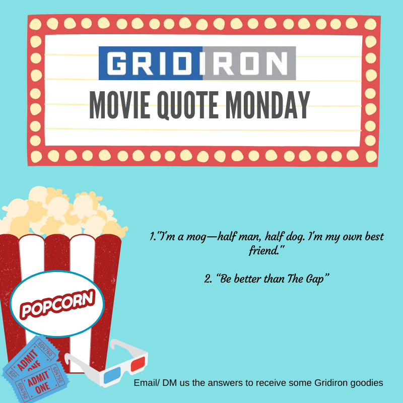 Gridironins's tweet photo. Happy Monday! Can you guess this week's movie quotes? DM or comment the correct titles for a chance to win some free Gridiron goodies and more! #MQM #mondaymoviequotes #gridironins https://t.co/cI2lVihnKw