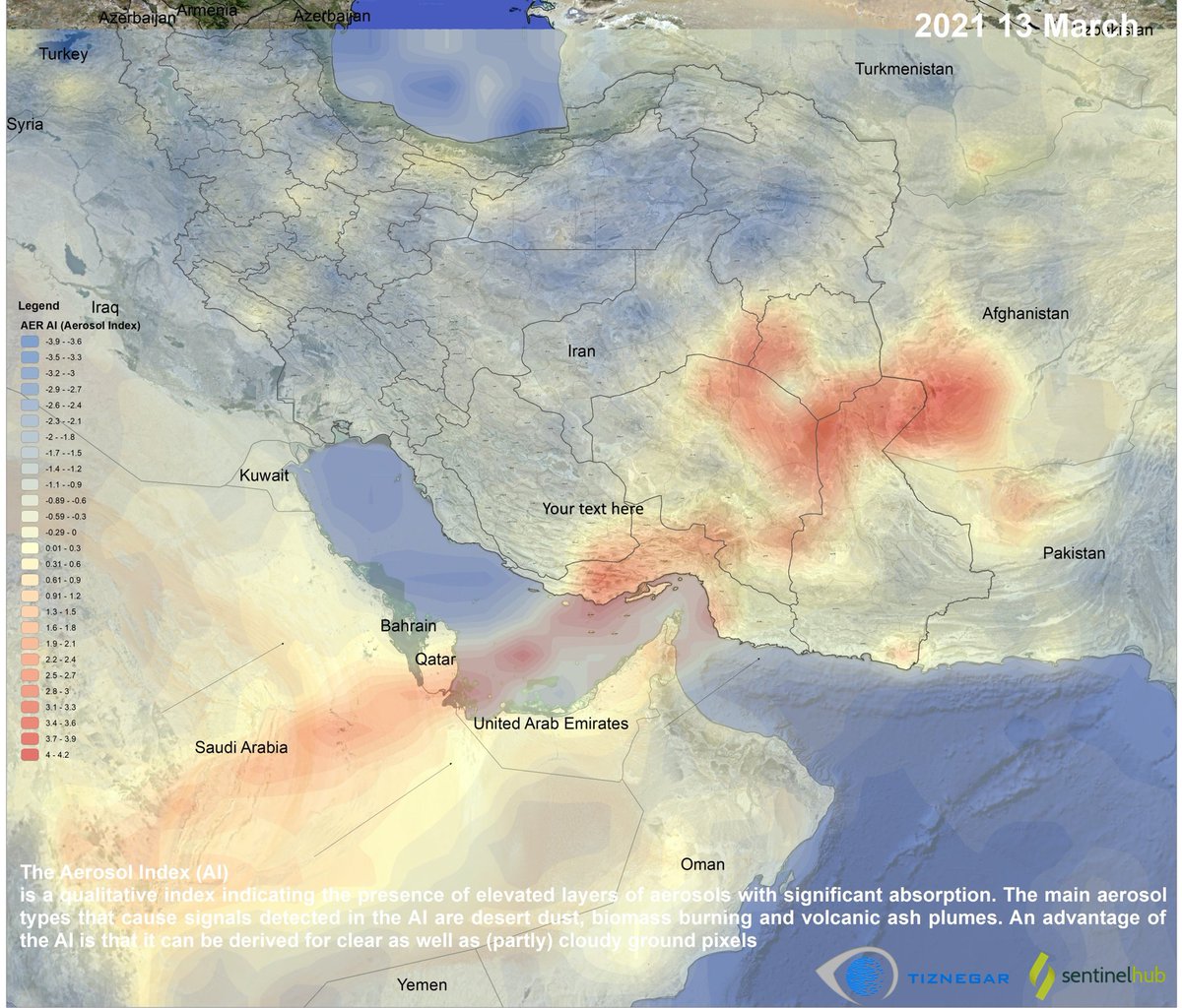 Southeastern #Iran Aerosol Monitoring by Intelligent Satellite Observation System (#SAHM) and #Dust_Storm Detection 2021 13 March
Datasat: #sentinel5 
#TIZNEGAR
@sentinel_hub 
@CopernicusEU 
@ESA_EO 
@NASA
