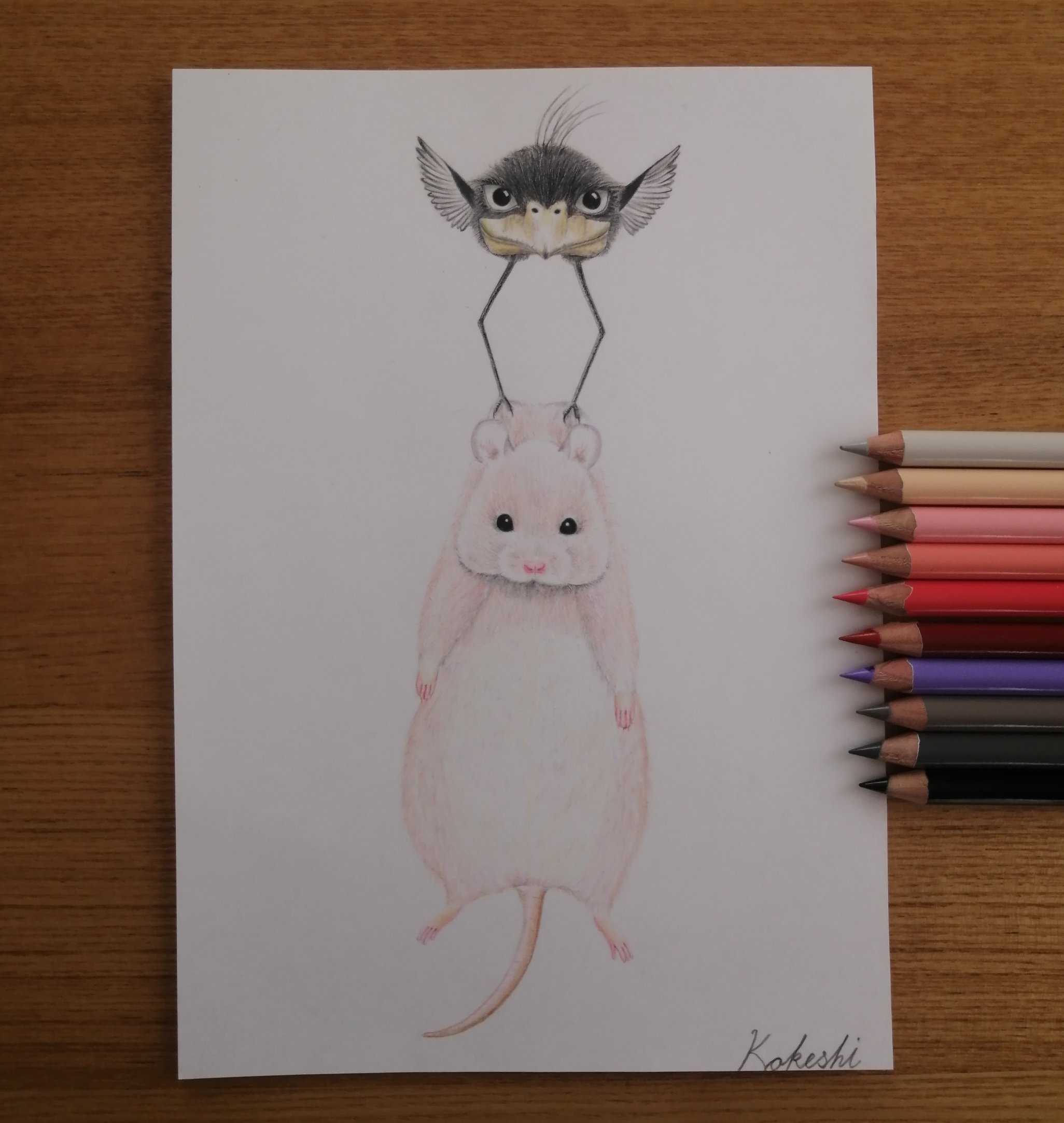 Kokeshi 色鉛筆でハエドリに運ばれる坊ネズミを本物のように描いてみました ハエドリが厳つくなってしまい これから坊 ネズミから捕食されに行くような絵になってしまいました Spiritedaway 千と千尋の神隠し ジブリ 色鉛筆画 リアル画 絵描きさん