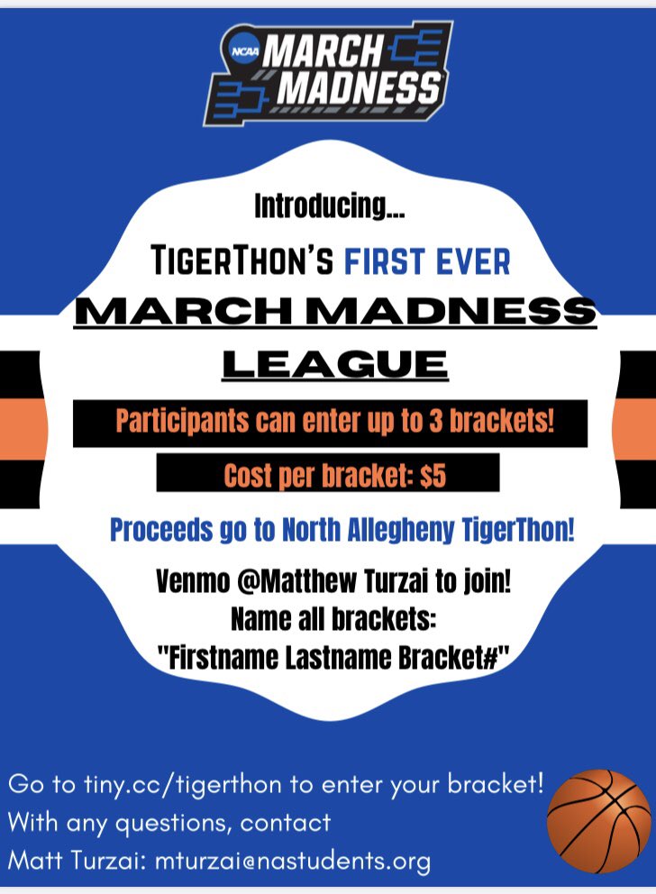 NA_TigerThon's tweet image. Join TigerThon in its March Madness League! Entree fee is a $5 donation to TigerThon. The top 3 best brackets will win prizes, including gift cards! Follow the link below to sign up. Entrees due Thursday, March 18 at noon.

tiny.cc/tigerthon
