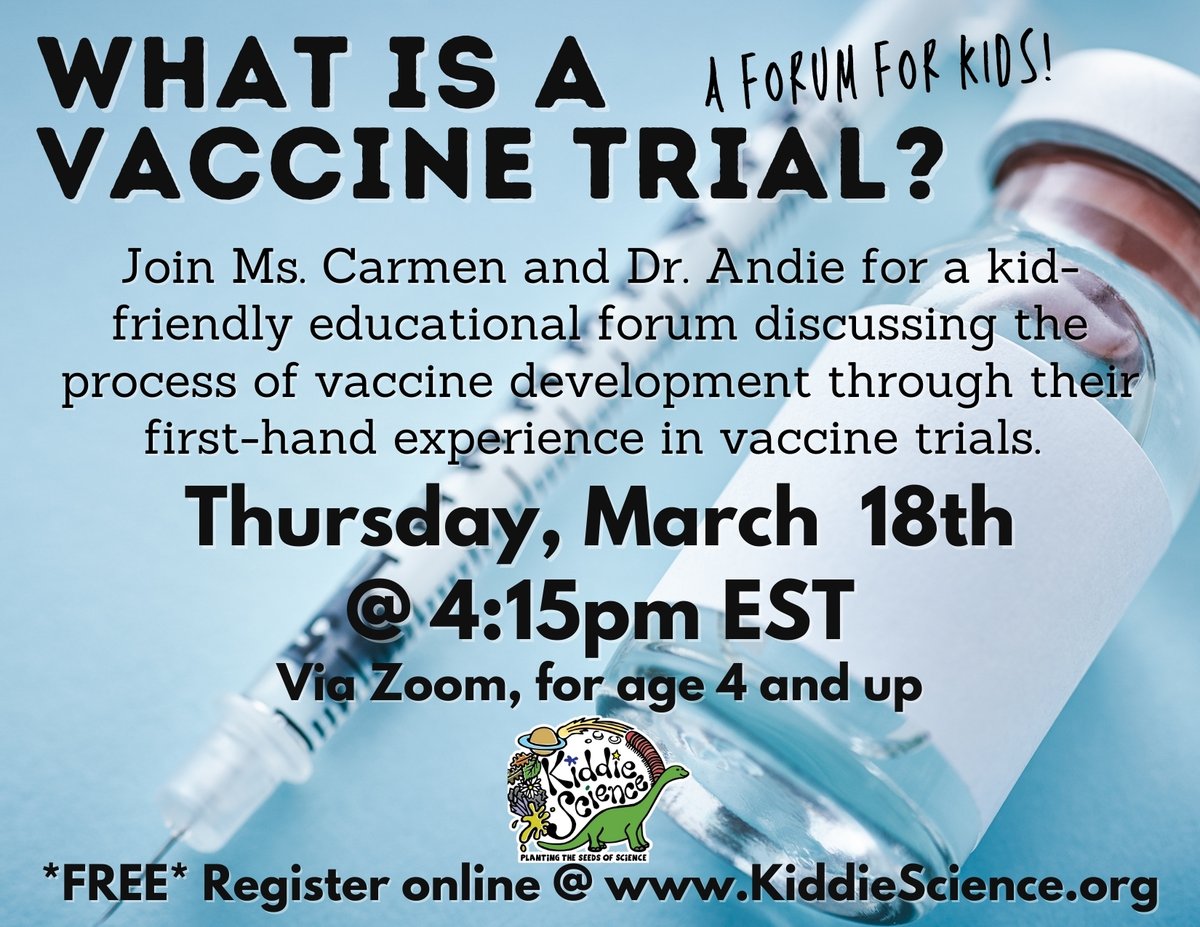 KiddieScience's tweet image. "My mommy got the vaccine, will she be ok?"

Join us on Thursday for an informative discussion about the vaccine trial process. Learn more and register online at KiddieScience.org