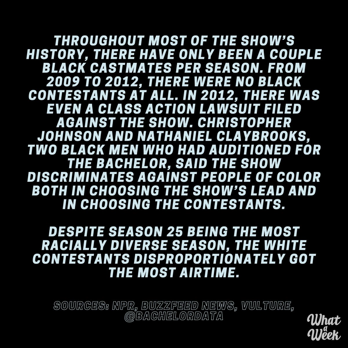 whataweekshow_'s tweet photo. tonight's the finale of #TheBachelor. let's talk about the show's history of racism, sexism and discrimination. (1/2) https://t.co/7X1rDVeHnp