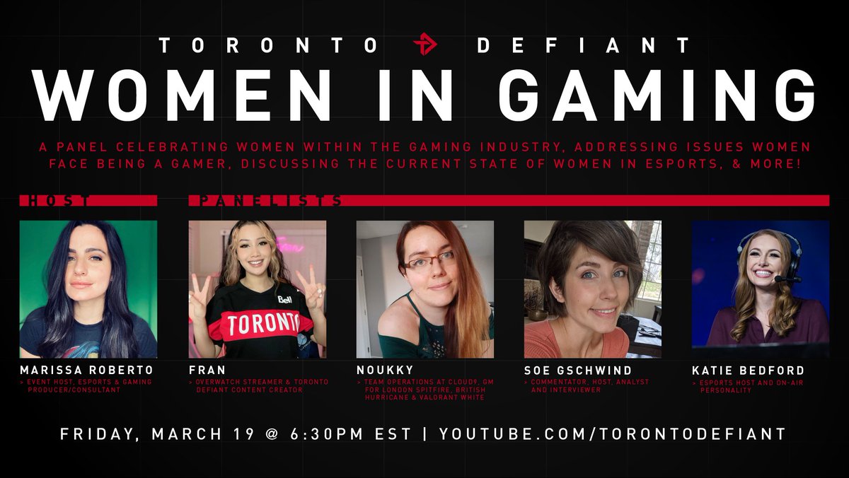 TorontoDefiant's tweet photo. We're excited to announce our Women In Gaming panel taking place this Friday at 6:30pm ET!

Join @MarissaRoberto on https://t.co/htbPykFDH2 as she hosts our inspiring panel of women including @FRANA_OW, @Noukky, @Soembie &amp; @WorldsBedford!

#RiseTogether #InternationalWomensMonth https://t.co/gqU4GzifHr