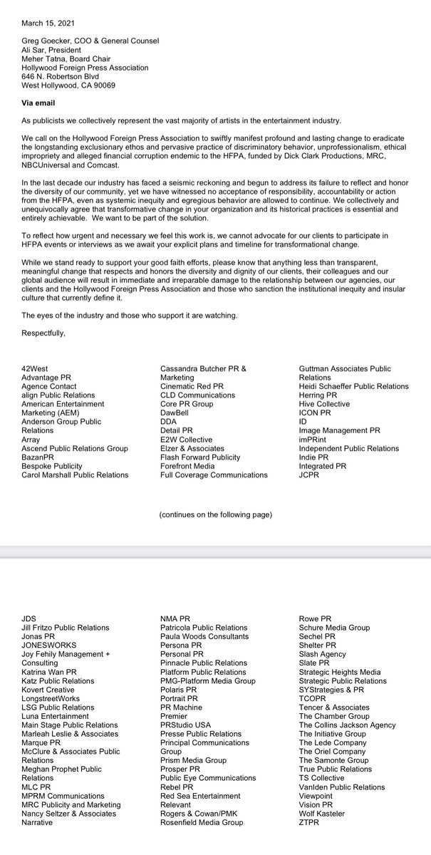 More than 100 Hollywood publicity firms just announced they will advise clients to no longer participate in the Golden Globes until the group fixes the "discriminatory behavior, unprofessionalism, ethical impropriety and alleged financial corruption endemic to the HFPA"