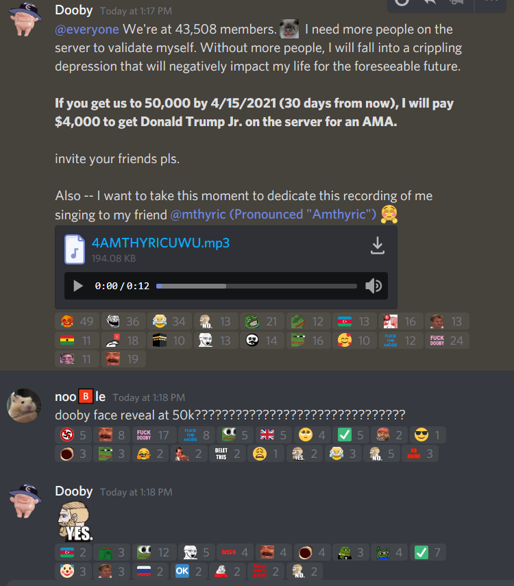 Politics Discord Server on X: 📢THIS JUST IN: If we get to 50k by  4/15/2021, Dooby will pay $4,000 to get an AMA with @DonaldJTrumpJr Dooby  also promised a face reveal, for