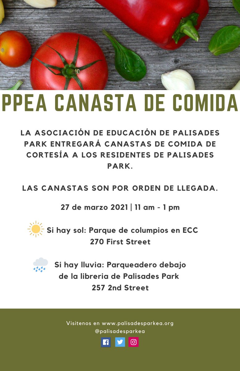 PalisadesParkEA's tweet photo. Attention #PalisadesPark Residents: Please view the flyer(s) below regarding complimentary food baskets courtesy of the #PPEA! #palpark #ppeacares #njea #nea https://t.co/FY7Khyd5wr