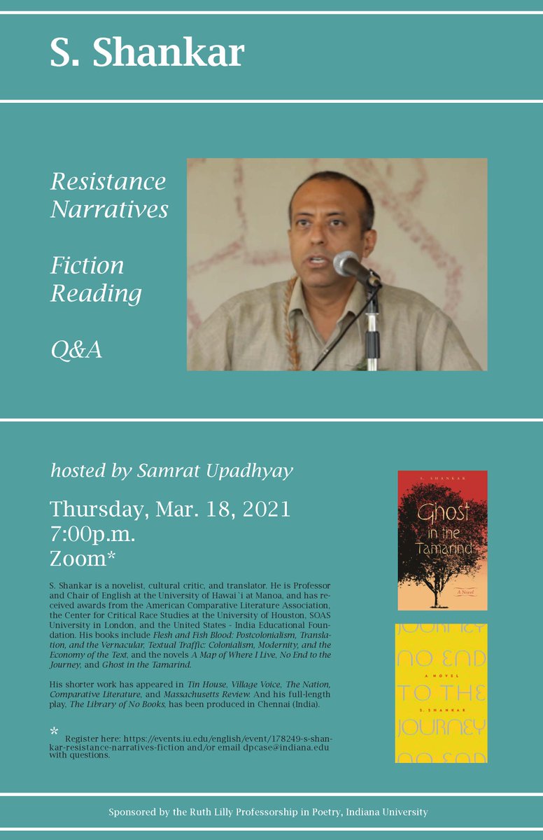 sshankarwriter's tweet photo. I'm reading from my recently published short story "Chennai Block South: Intrusion of Untouchables" at Indiana University (Bloomington) Creative Writing Program. Not the whole thing, probably just 30 mins, so we can discuss. Looking forward to it!

https://t.co/vfJkCnyzc3 https://t.co/IzwHh2xKk1