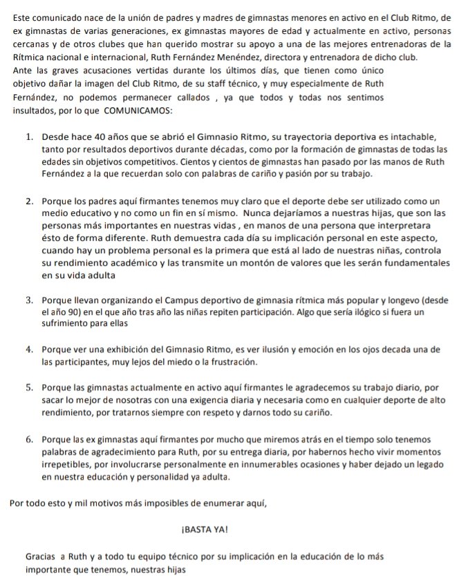 Carta en defensa de <a href="/RitmoRuth/">Ruth Fernandez</a> firmada por 420 personas, entre ellas 53 padres/madres del equipo de competición y 60 del Gimnasio Club Ritmo, 50 familiares y casi 100 gimnastas internacionales.

Nunca he tenido dudas de las falsas acusaciones hacia Ruth y su equipo <a href="/CR3Ritmo/">Carolina Rodríguez</a>
