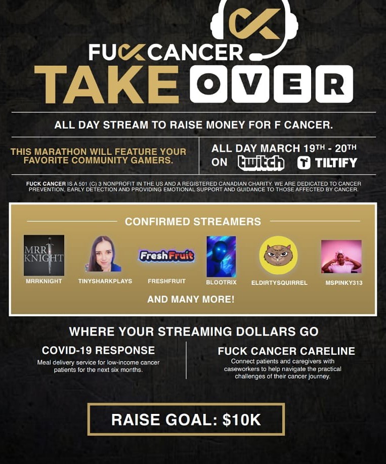 FCancerNow's tweet photo. It's time for a takeover! Join some of our favorite community gamers on #twitch and #tiltify on March 19 - 20 for a marathon fundraiser. #gamingfundraiser #gameforacause https://t.co/engNtbP0ga