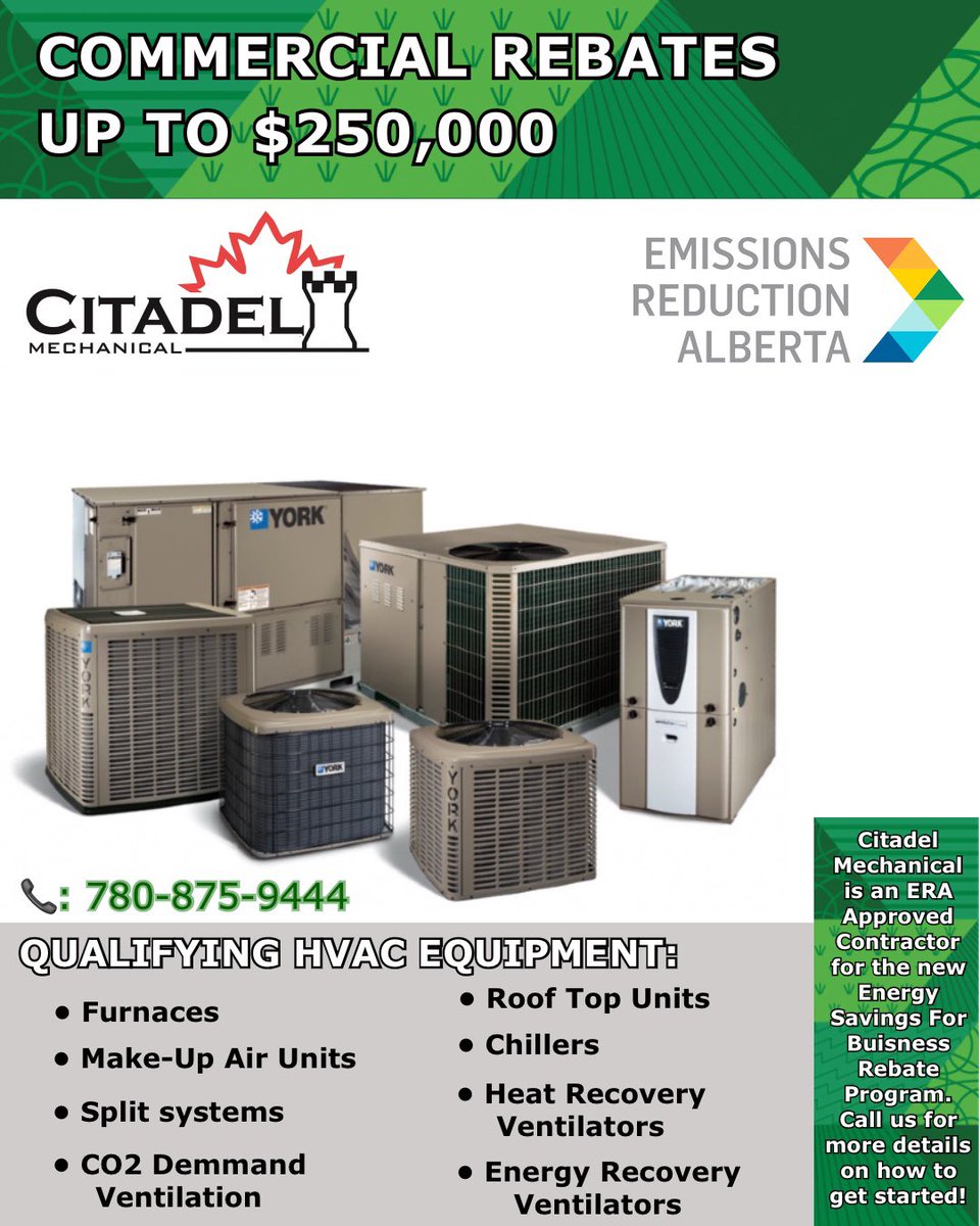 CitadelMechLtd's tweet photo. Alberta Business Owner? Thinking it’s time for some upgrades? Well now is the time! Take advantage of the new ERA Rebate Program. Call us today for all the details! https://t.co/ECvTHyx6Fz