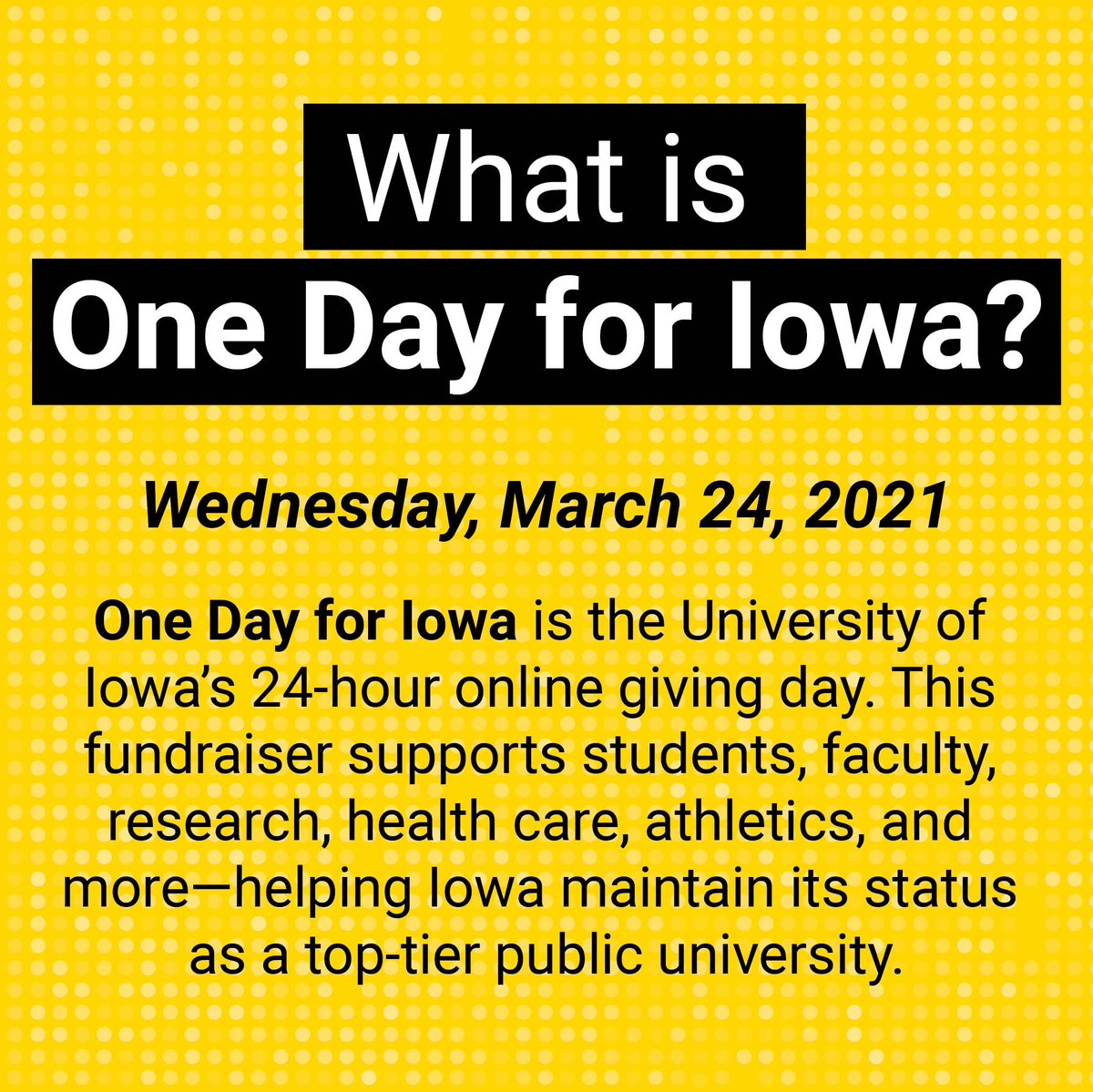 HawkeyeDean's tweet photo. From now until March 24th we're celebrating #1DayForIowa! The Division of Student Life is working hard to raise money for the Student Life Emergency Fund and Student Life Food Insecurity Fund. Donate at https://t.co/g9GkAzR5Sj now! https://t.co/7XSCfARrgf